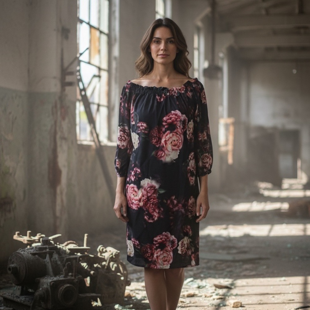 Felicity & Coco Black Floral Off-Shoulder Midi Dress with Pink Roses